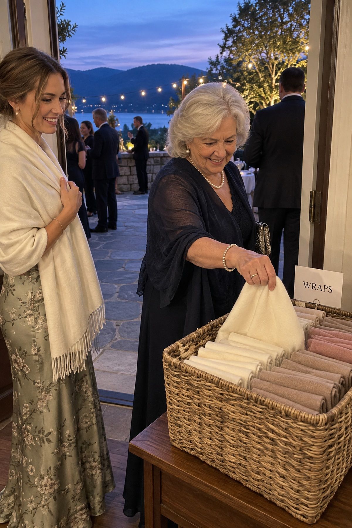 Guests borrow coordinated pashmina wraps before stepping onto a cool September terrace.