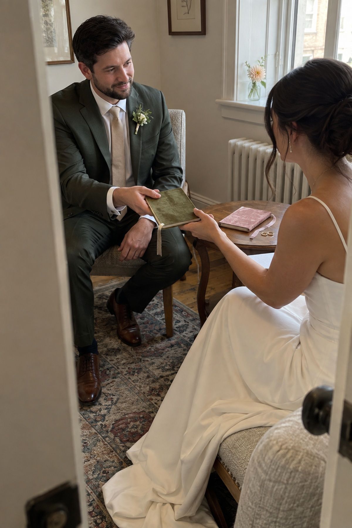 A couple exchanges plain olive and rose velvet vow books before their ceremony.