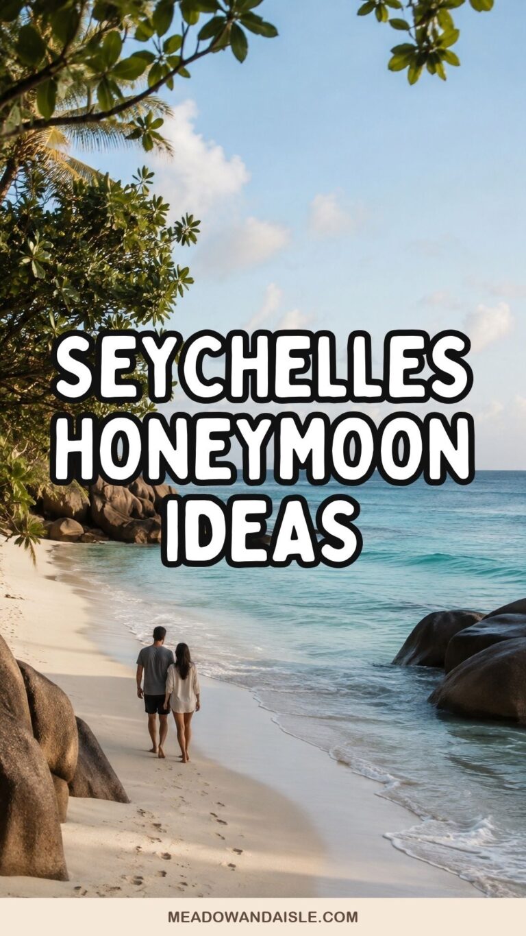Seychelles honeymoon ideas Pinterest pin showing a couple walking on a tropical granite-framed beach
