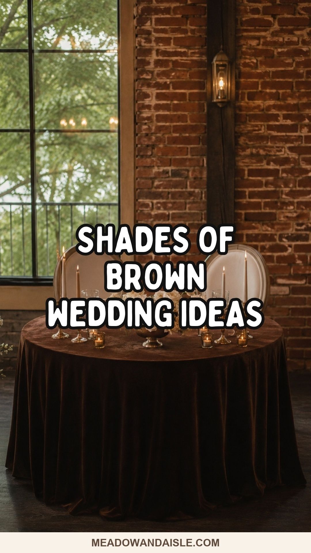 Shades of brown wedding ideas Pinterest pin with a chocolate sweetheart table.