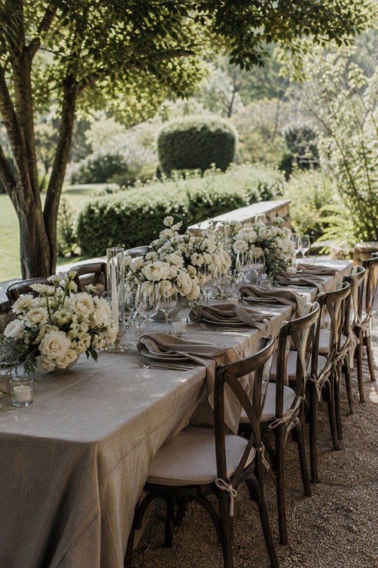 Taupe linens and napkins soften an intimate garden reception.