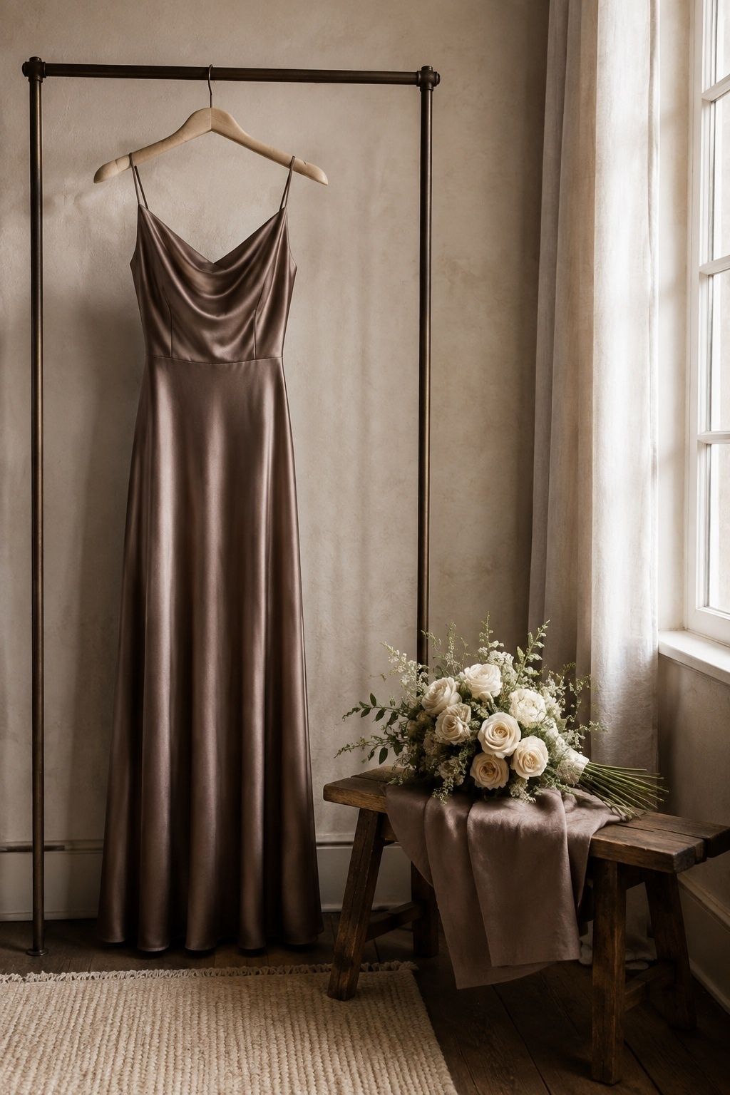 Mocha satin bridesmaid dress beside a matching runner and cream bouquet.