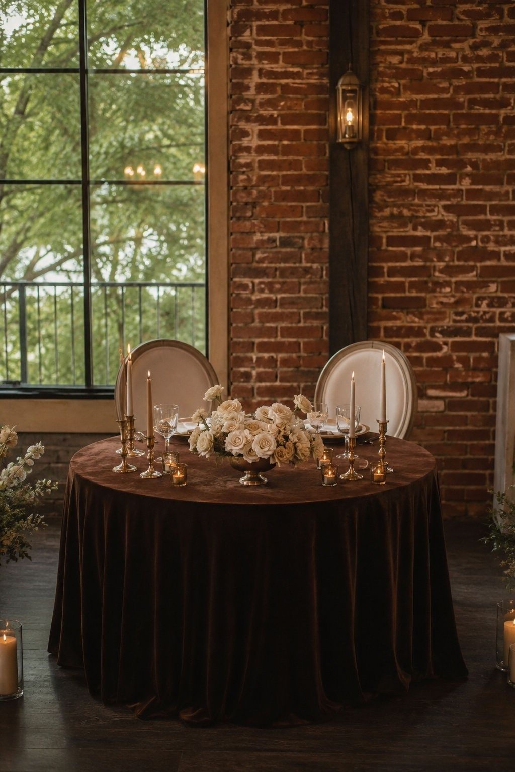 Chocolate velvet cloth anchors a sweetheart table with cream flowers.