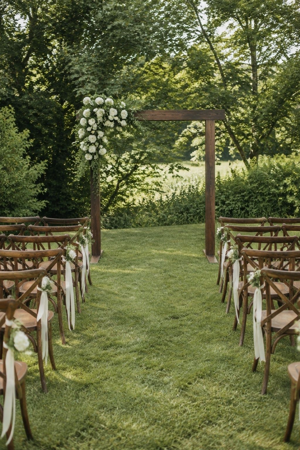 Walnut ceremony arch and wood chairs in a small garden.