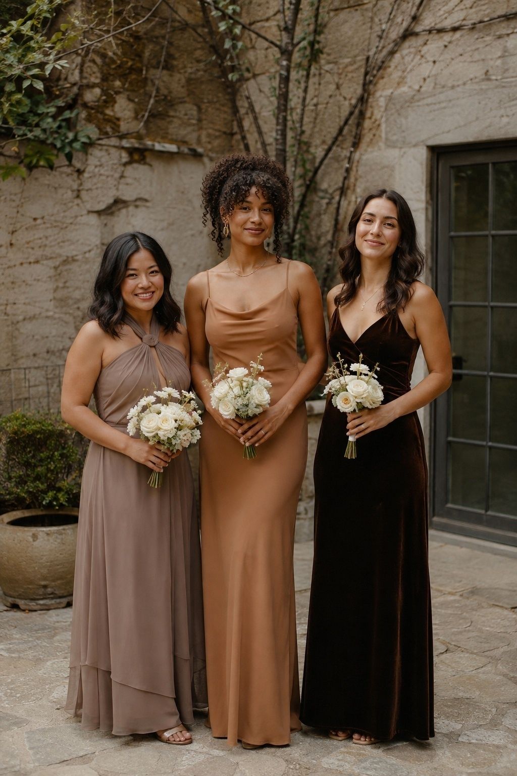 Bridesmaids wear taupe, caramel and chocolate dresses with cream bouquets.