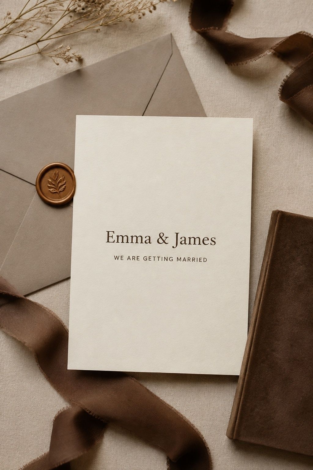 Cream wedding invitation with taupe envelope, caramel seal and mocha ribbon.