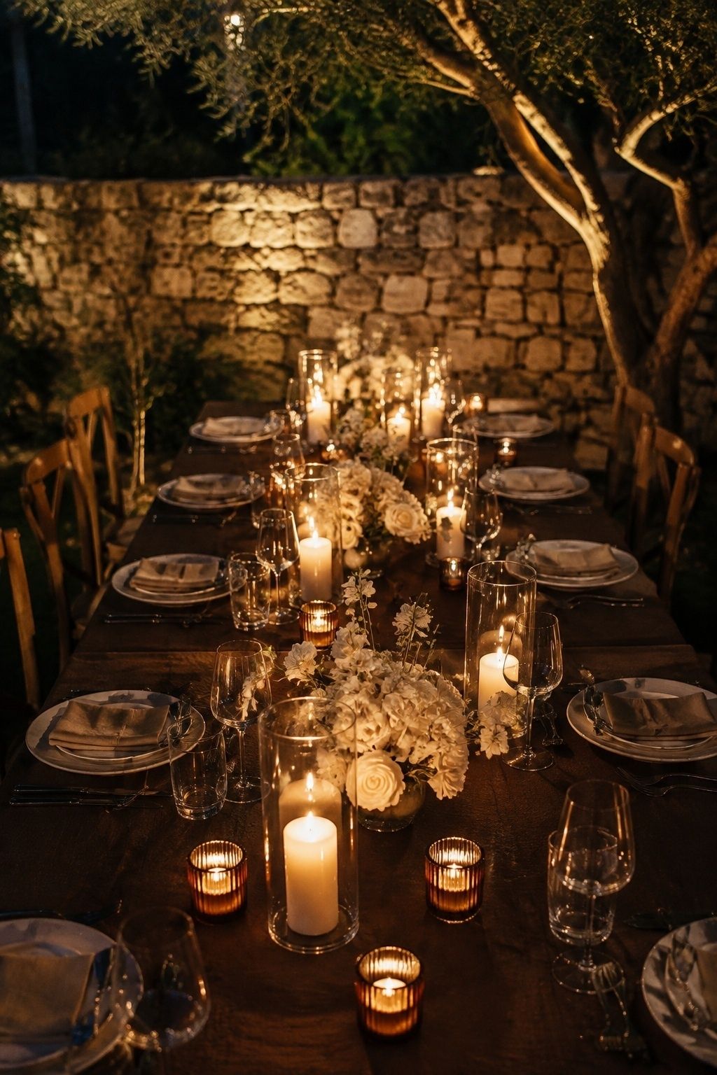 Hurricanes and amber votives light the length of a brown reception table.