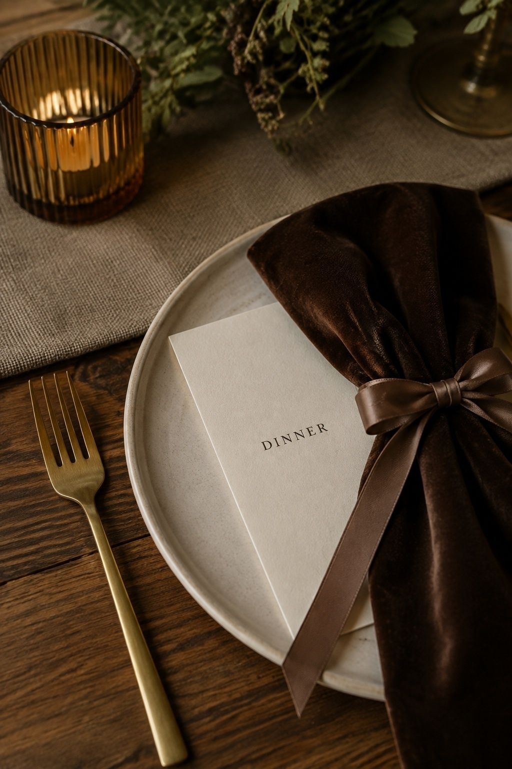 Linen, velvet, satin, ceramic and wood layered in a wedding place setting.
