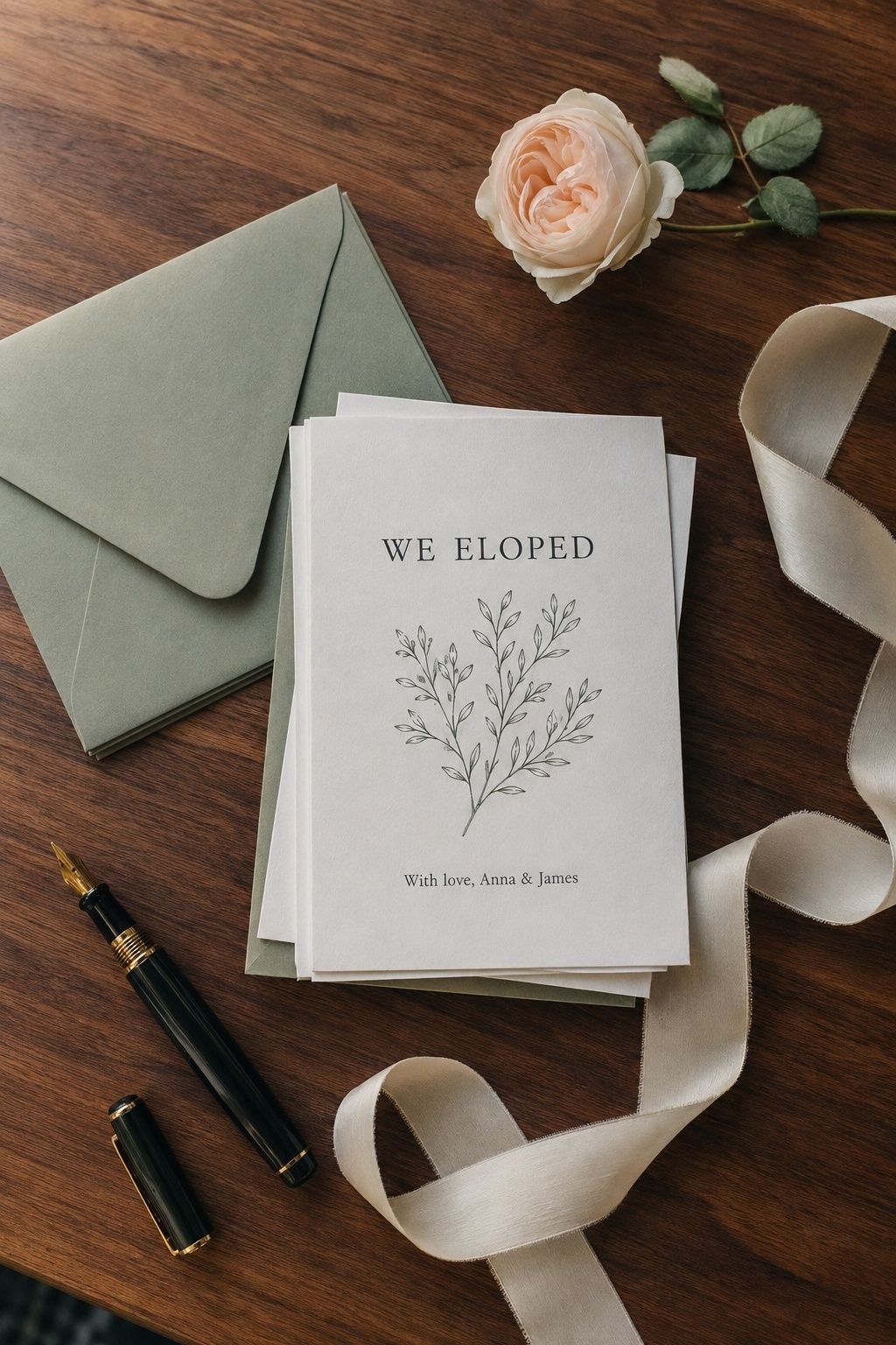 Gift-free elopement announcement cards with sage envelopes, rose and ribbon.