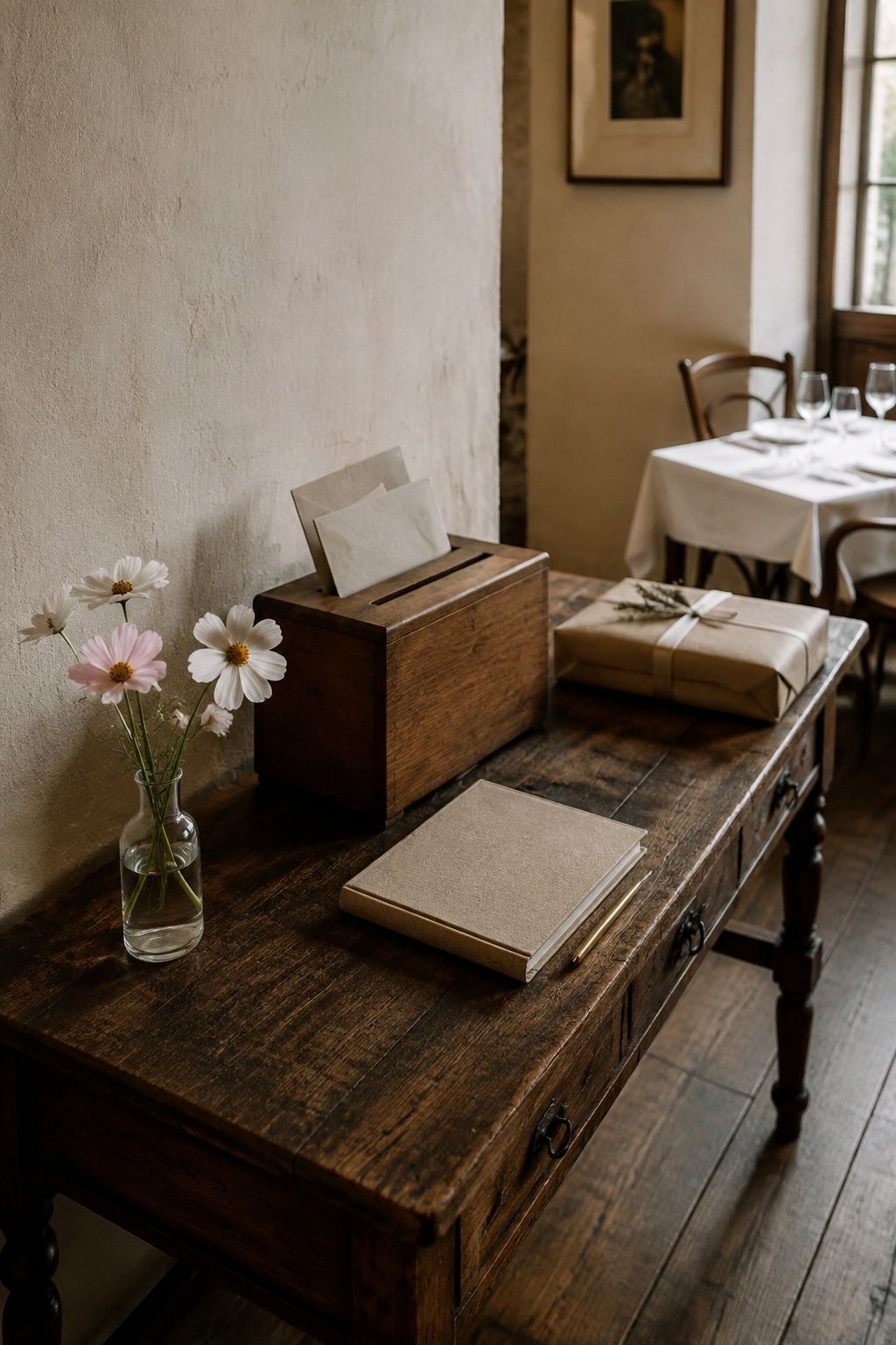 Discreet wooden card box with guest book on a restaurant side console.