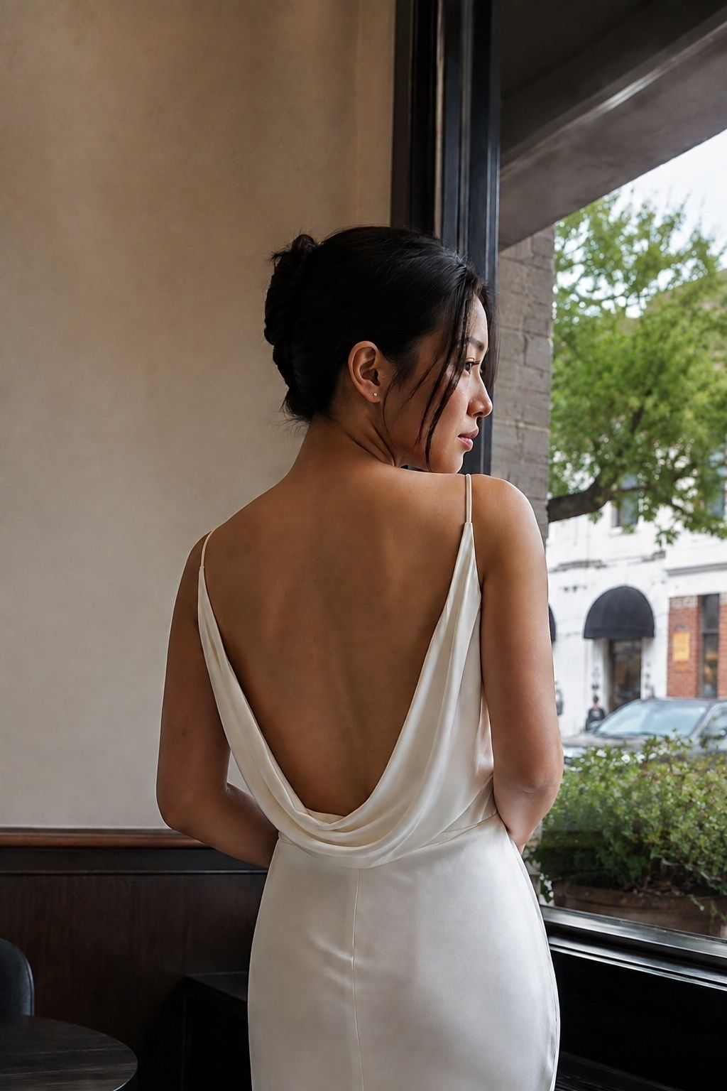 Cowl-Back Silk Gown for Softer Movement