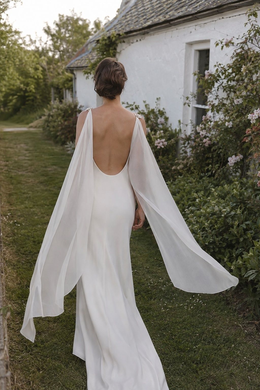 Backless Silk Gown With a Detachable Cape