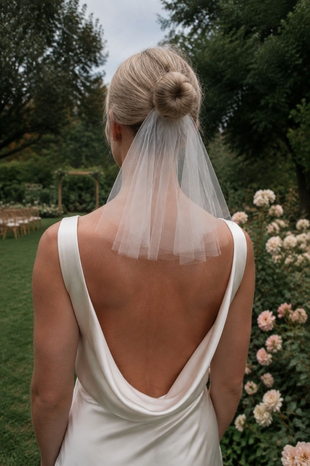 Backless Silk Dress With a Short Veil