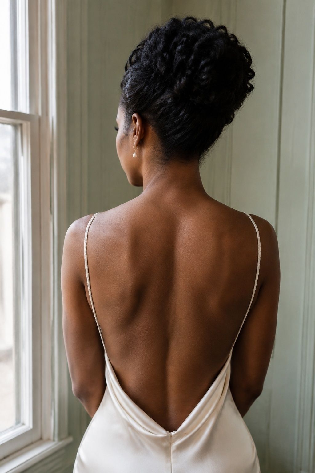 Silk Gown With Hair Pinned Above the Backline