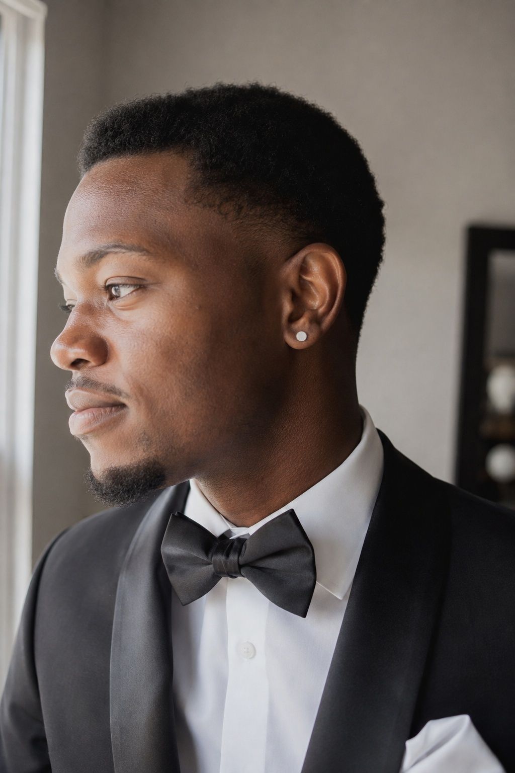 Tiny silver studs with a black-tie tuxedo