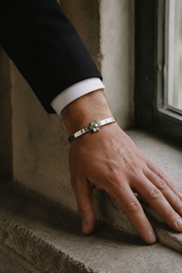 A Slim Silver Flower Cuff With a Black Suit
