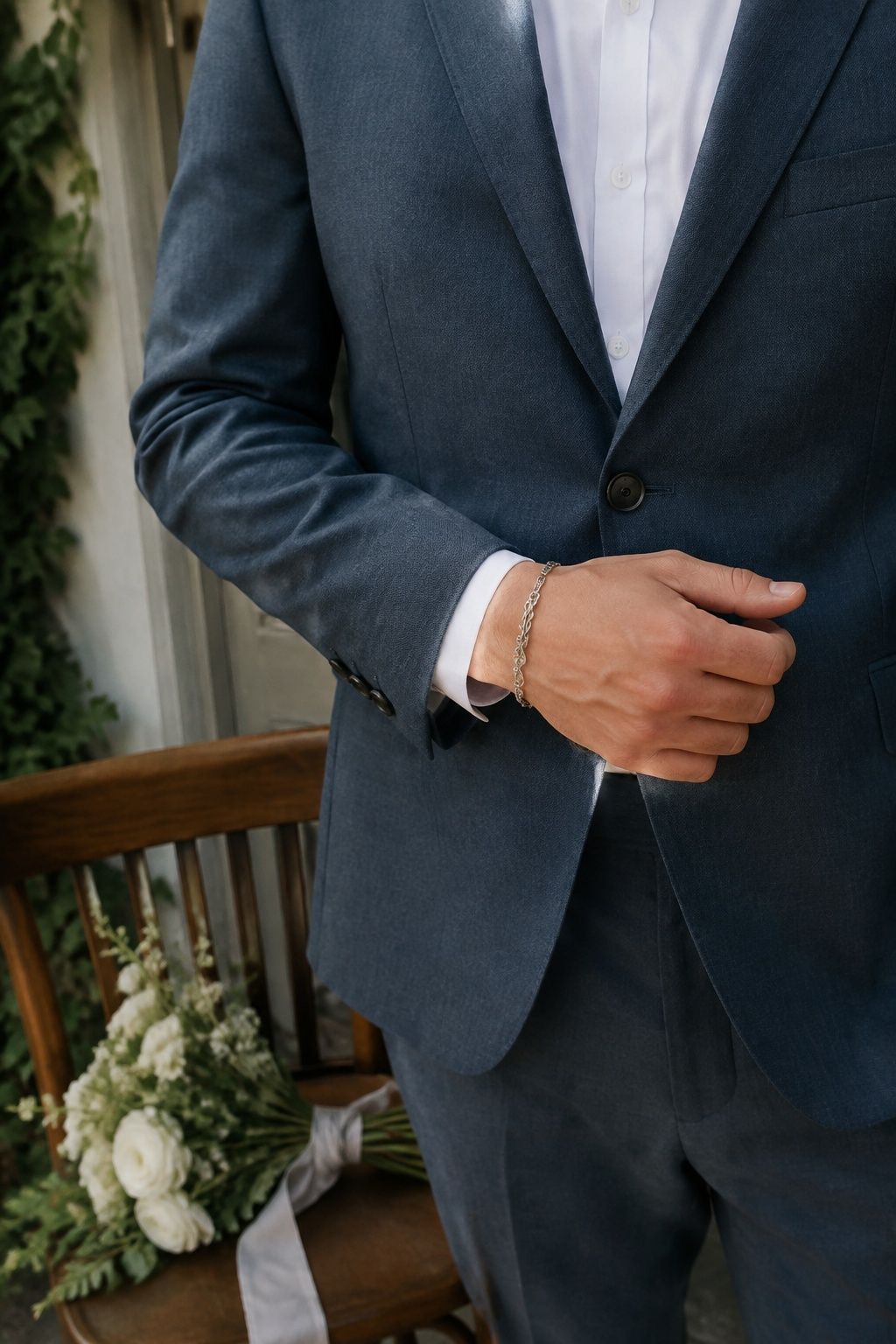 Botanical bracelet worn instead of a boutonniere