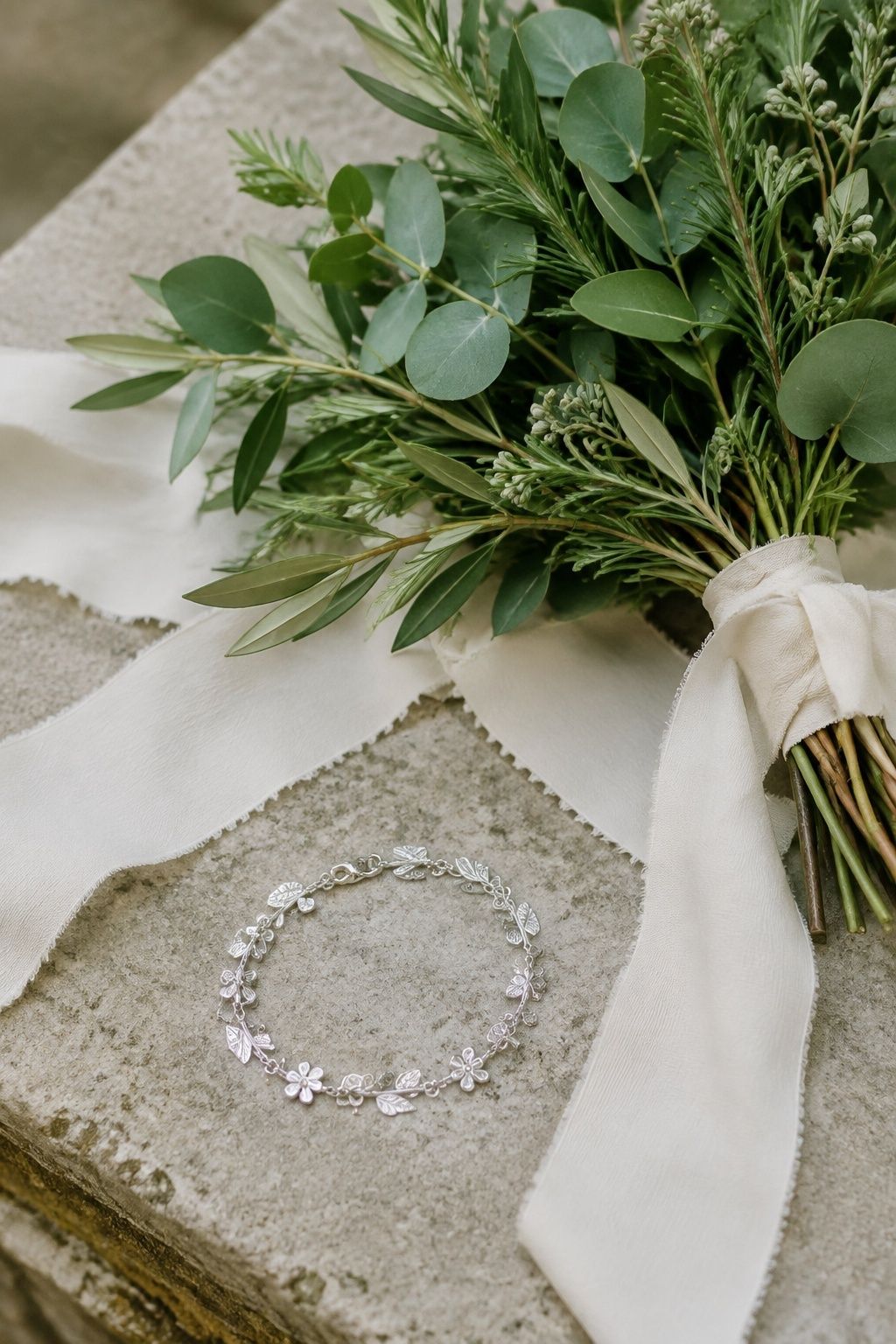 Silver leaf-and-flower bracelet with green florals