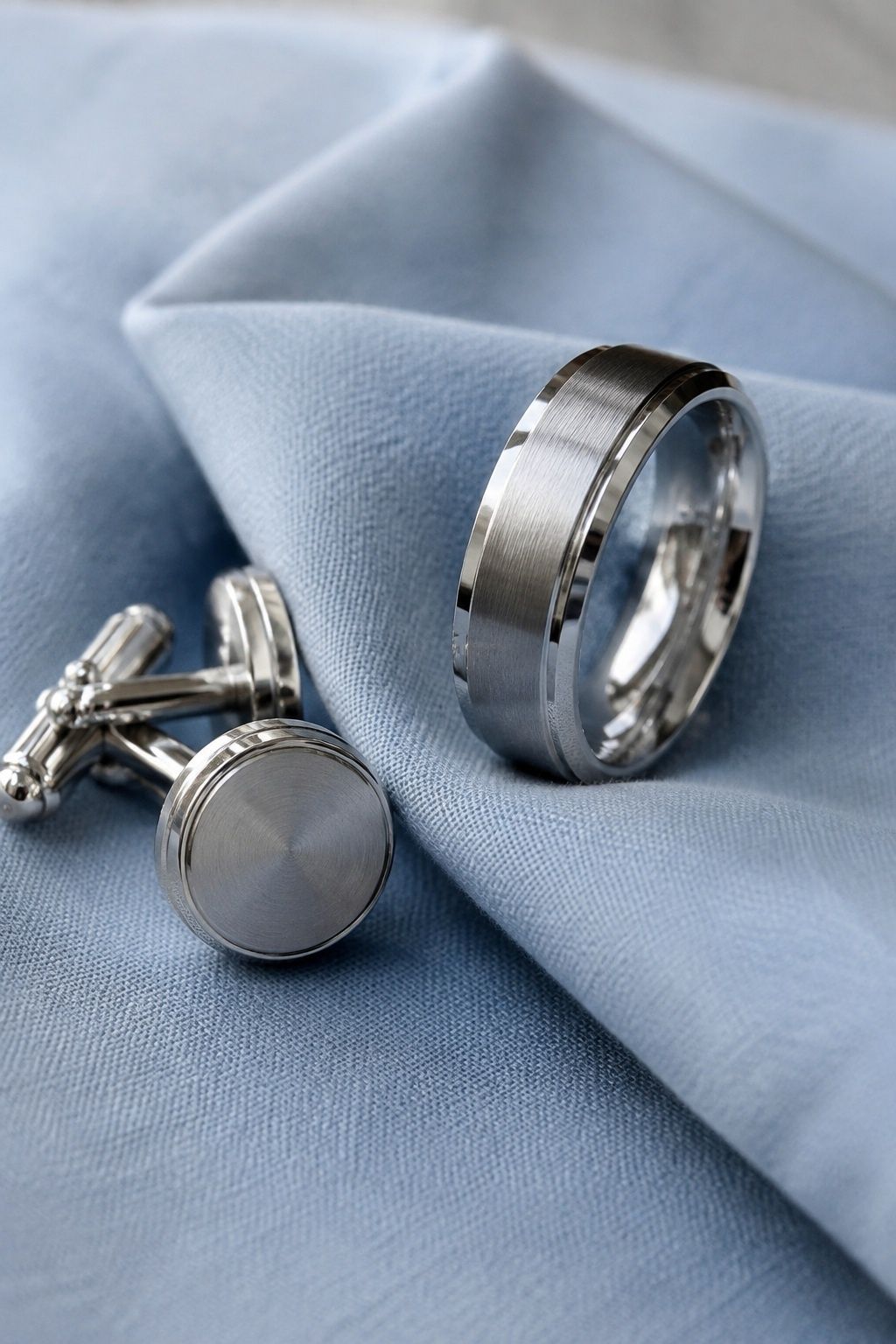 Beveled-edge silver wedding ring