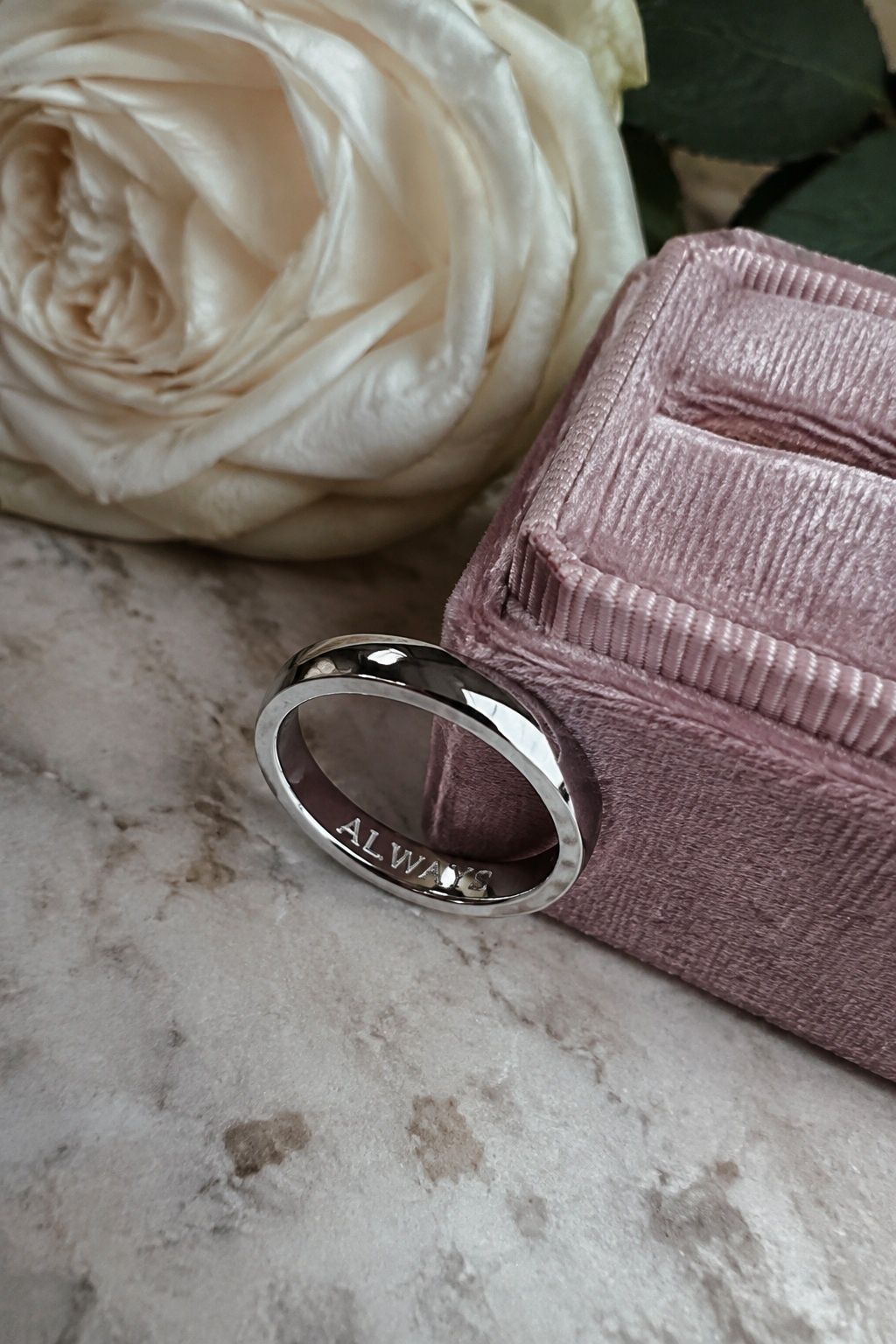 Silver band engraved with a personal message