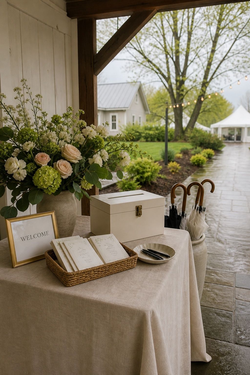 Rain-safe welcome area with spring decor