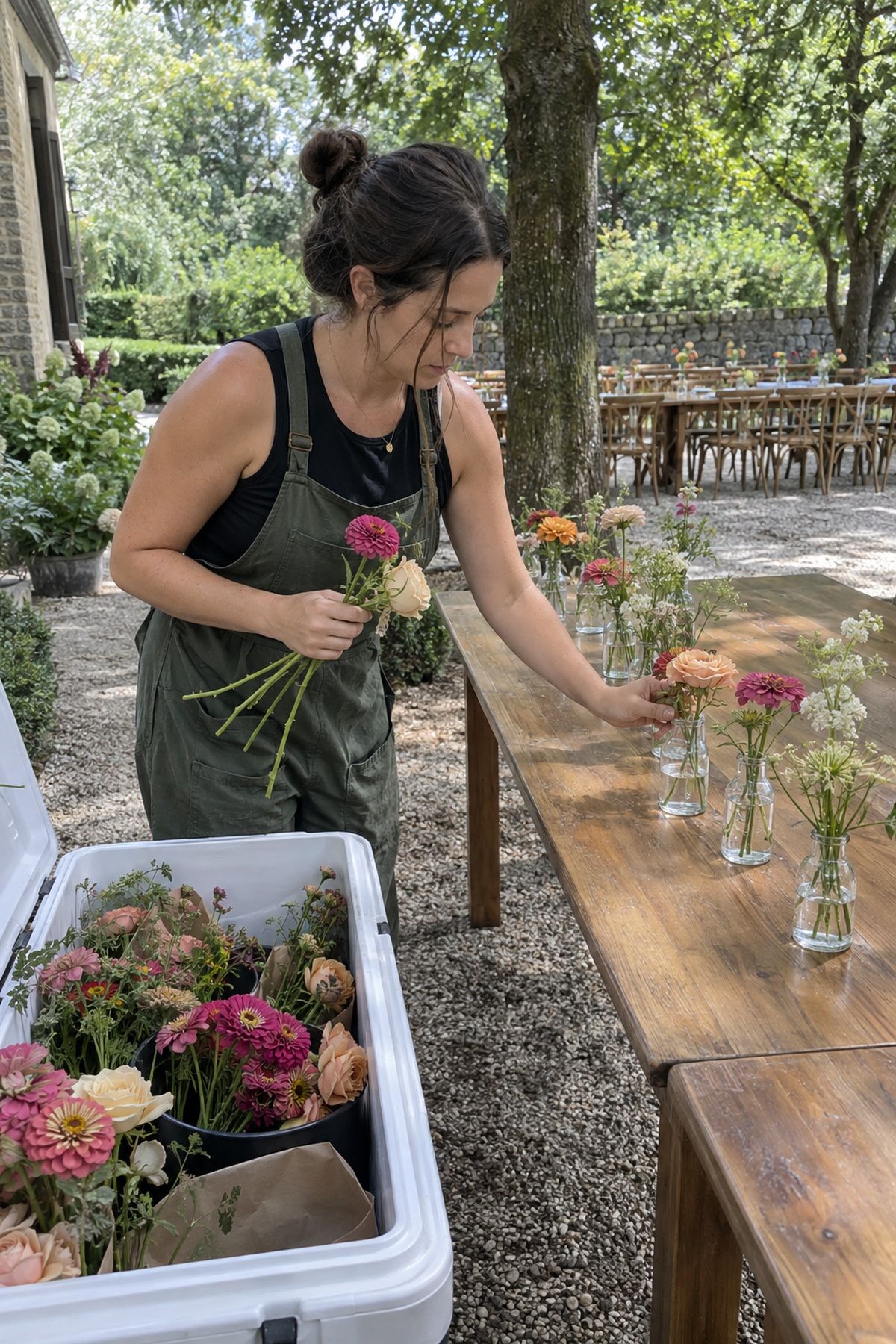 A florist keeps summer wedding flowers hydrated in small shaded bud vases.
