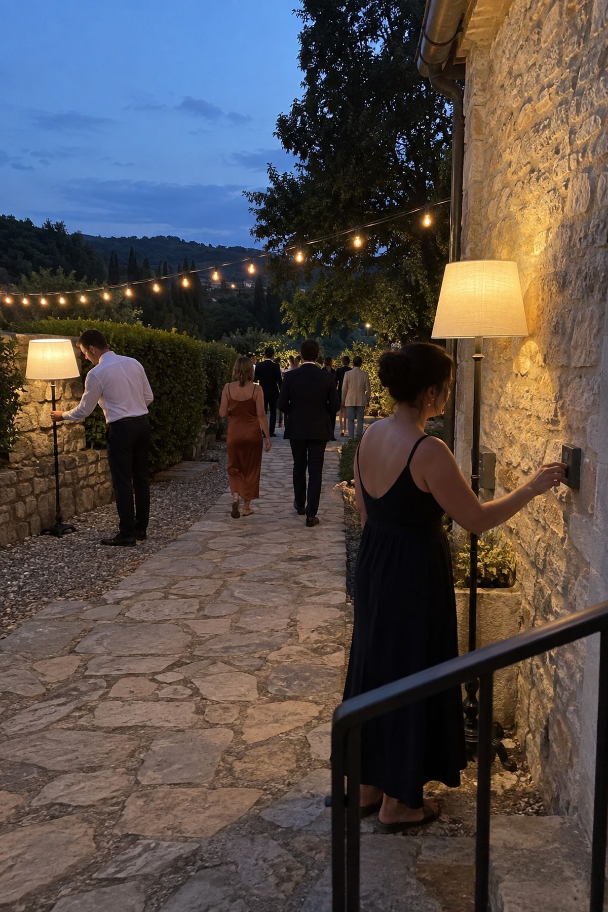 Helpers turn on electric lamps and string lights for a summer wedding after sunset.