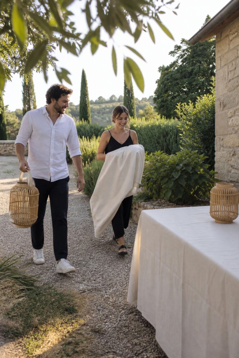 Wedding helpers repeat cream linen and empty rattan lanterns at the reception welcome table.