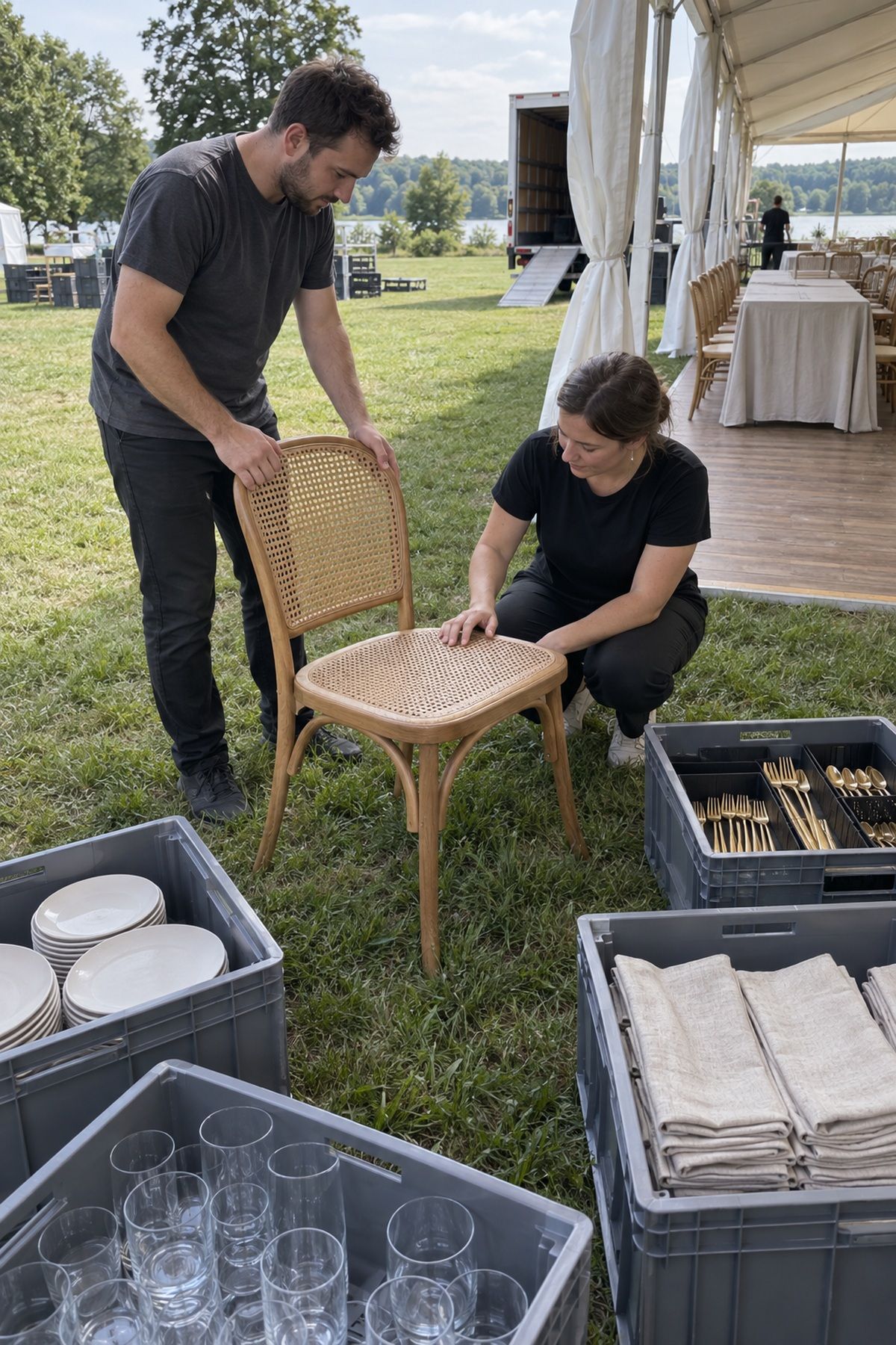 A rental team tests a cane chair beside organized wedding tableware crates.