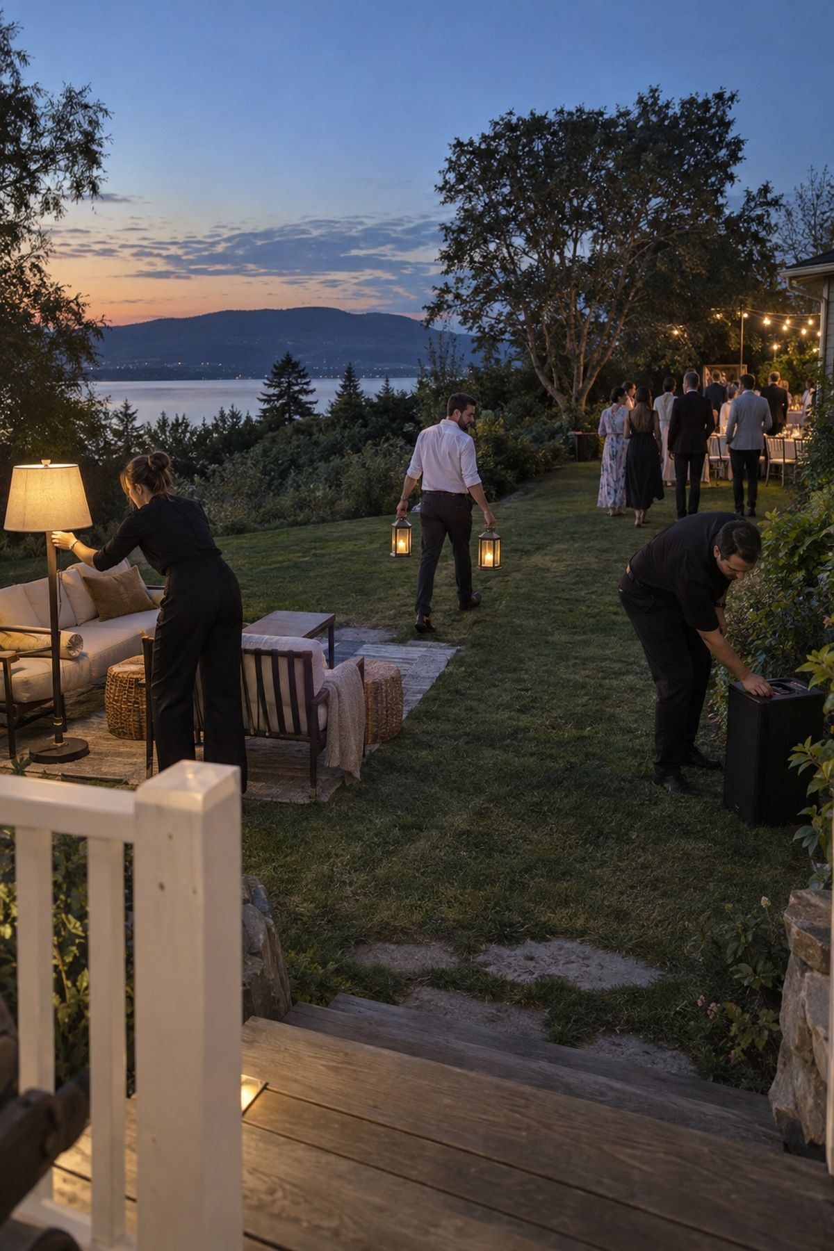 Wedding helpers shift the reception into evening with lamps, lanterns, and music.
