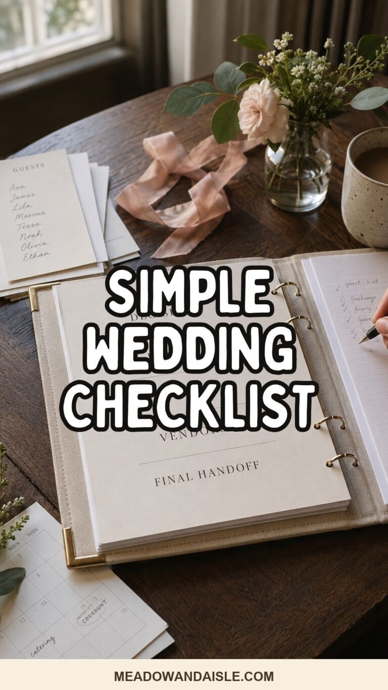 Simple wedding checklist Pinterest pin for Meadow & Aisle