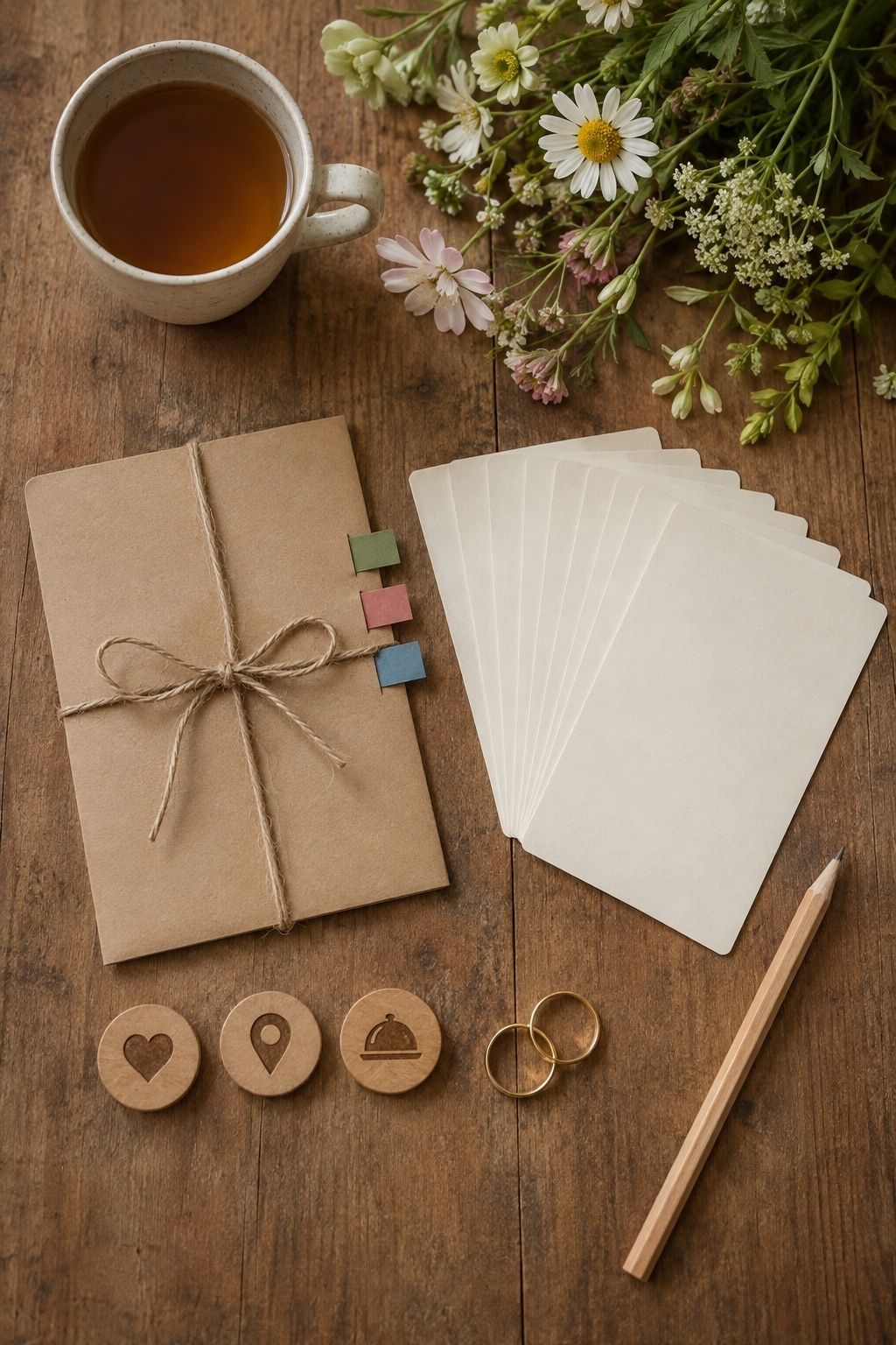 Blank guest-count cards, a tied budget envelope with three color tabs, three wooden priority icons, two wedding rings, tea, a plain pencil, and garden flowers on a warm wood planning table.