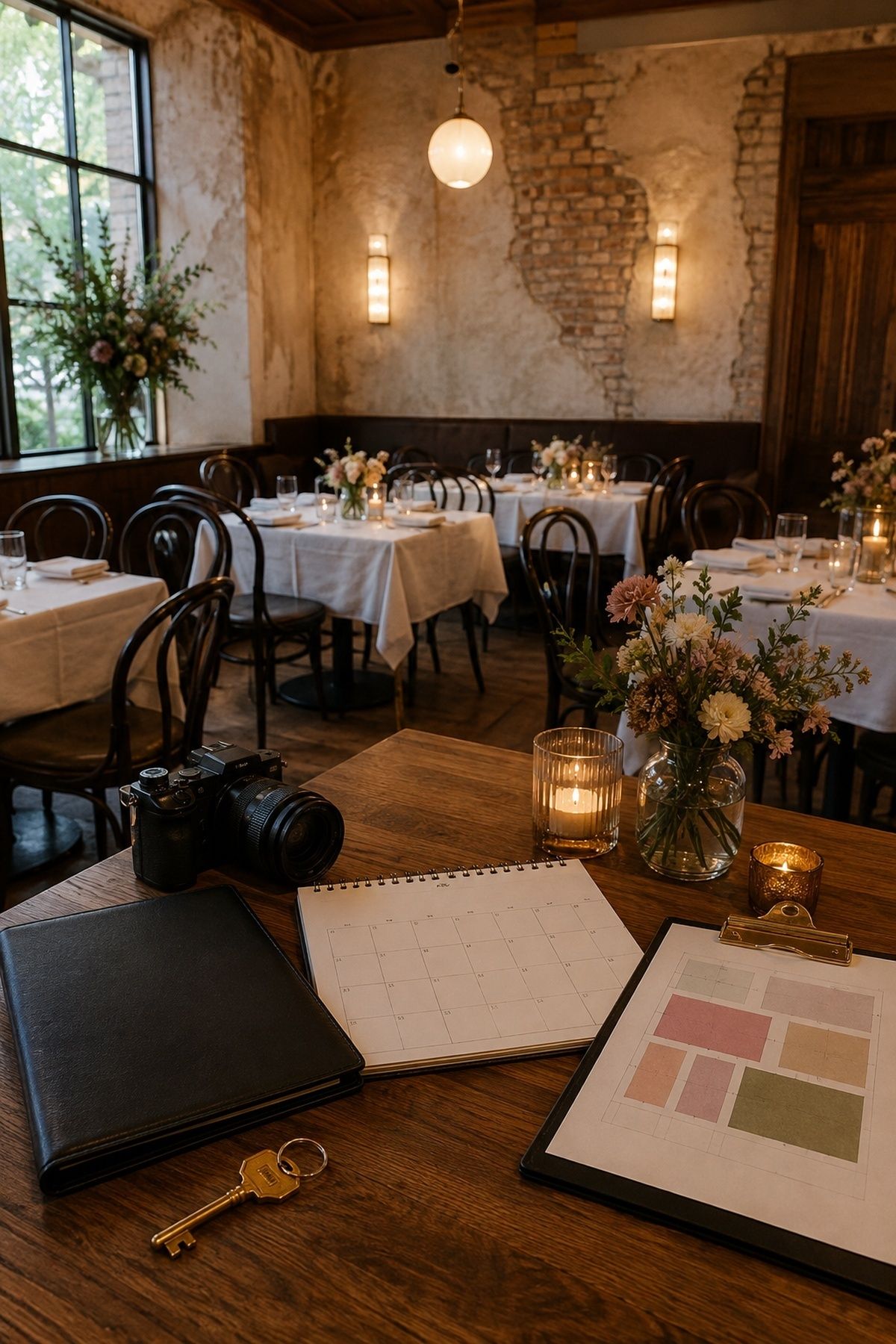 Attainable restaurant private room with correct small-wedding tables and chairs, plus a venue key, camera, contract folder, blank calendar grid, and coordinator color-block clipboard.