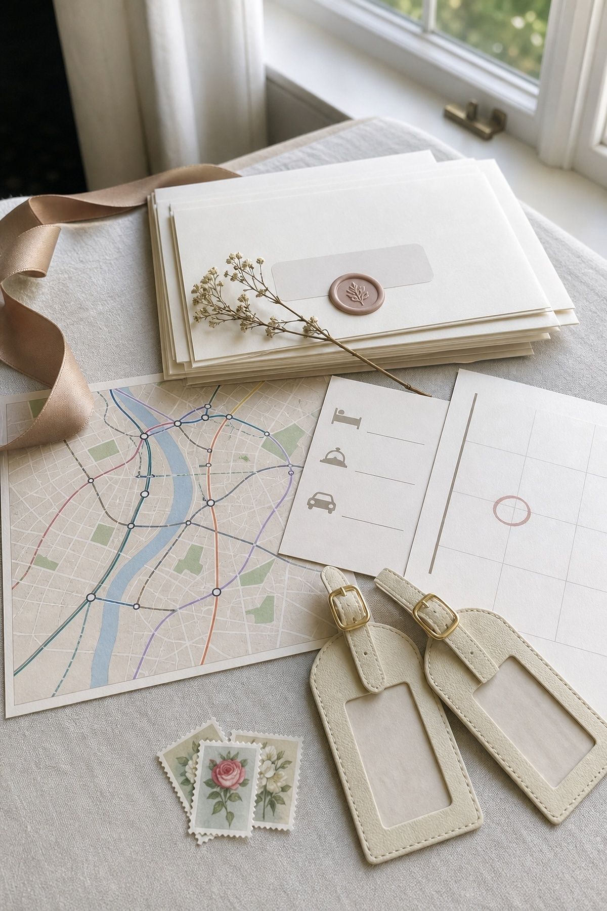 Bright linen desk with sealed guest-information envelopes, an icon-led city route map, lodging pictogram card, luggage tags, a circled calendar square, stamps, ribbon, and a flower sprig.