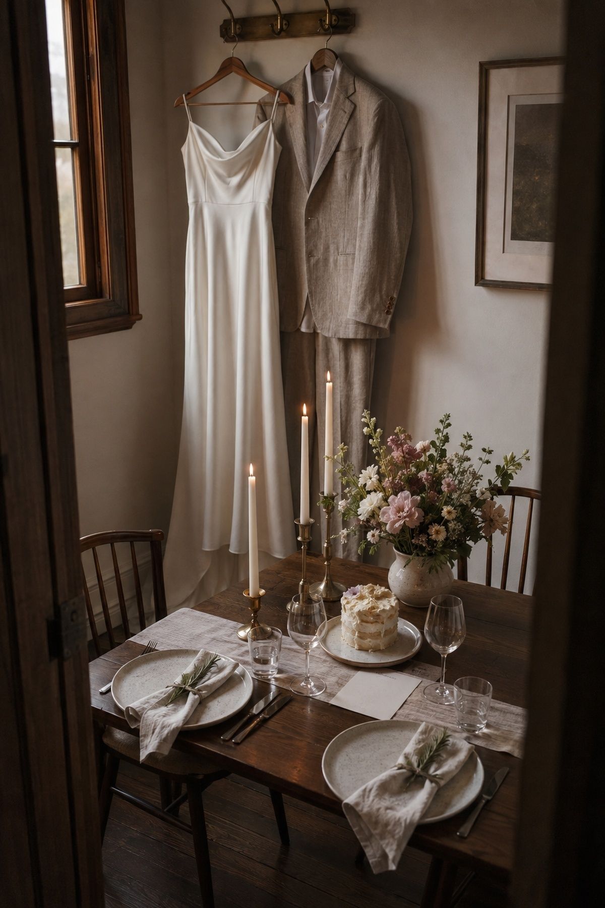 Silk dress and linen suit on proper wooden hangers above an intimate table for two with realistic plates, glassware, napkins, blank menu, tapers, seasonal flowers, and a small cake sample.