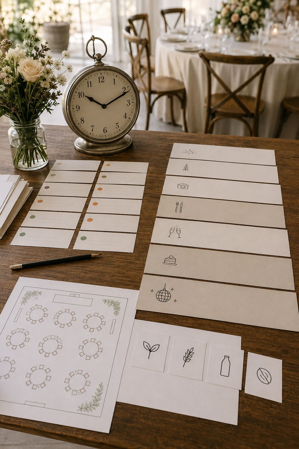 Coordinator table with a color-dot RSVP grid, icon-led timeline strips, correct analog clock, small reception in the background, seating-plan diagram, dietary icons, pencil, and flowers.