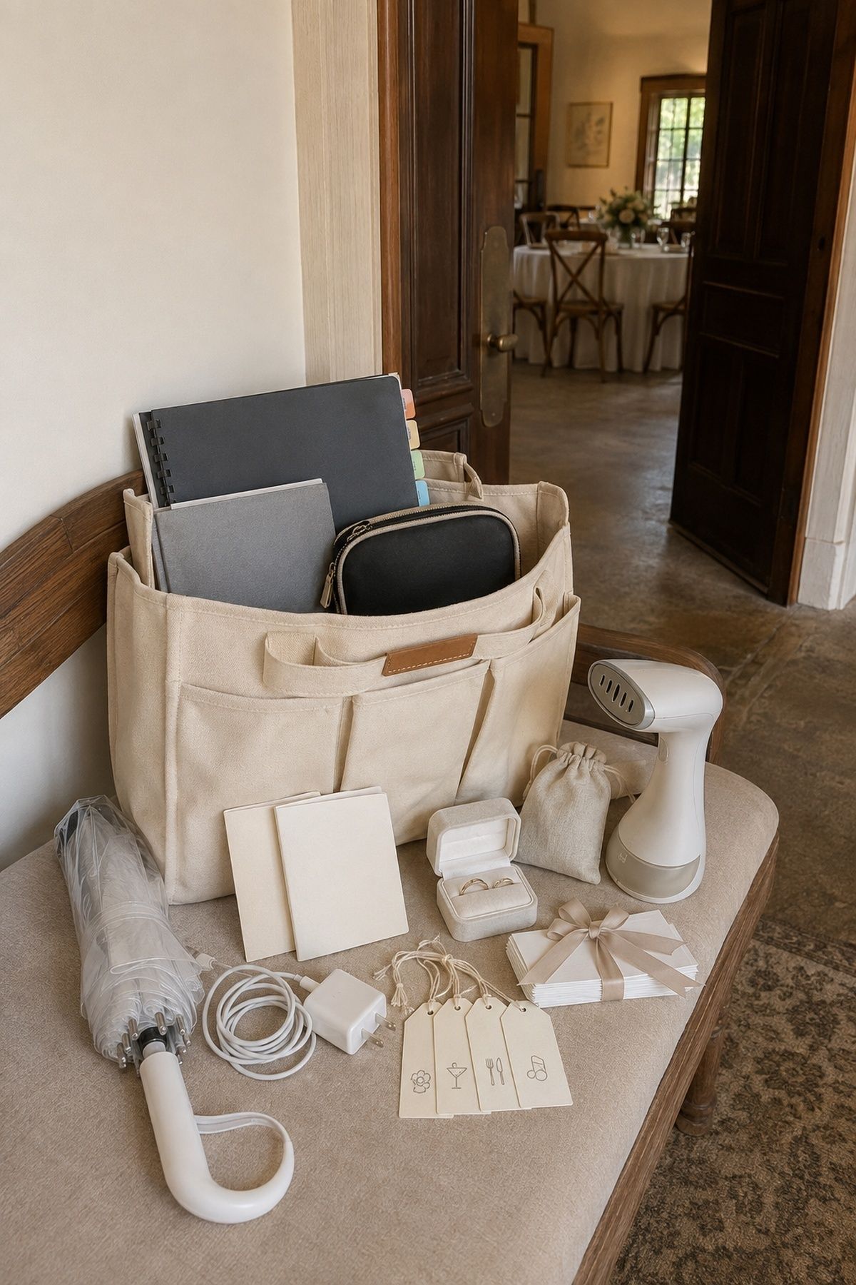 Orderly canvas handoff tote on a venue bench with tabbed coordinator binder, vendor folder, emergency pouch, vow books, ring box, umbrella, charger, steamer, icon tags, and tied place cards.
