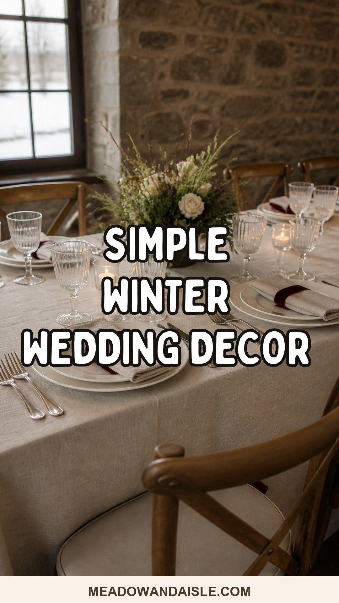 Simple winter wedding decor Pinterest pin with candlelight, greenery, and intimate reception styling.