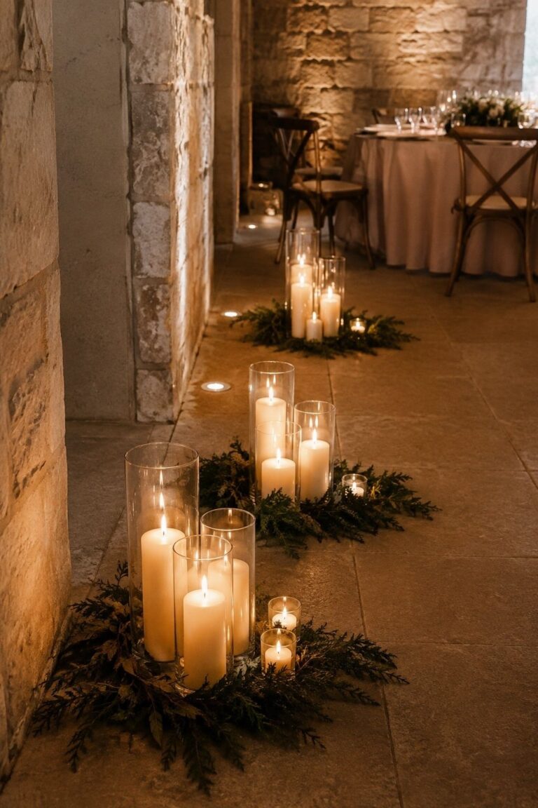 Use candles in repeated clusters in simple winter wedding decor for an intimate celebration.