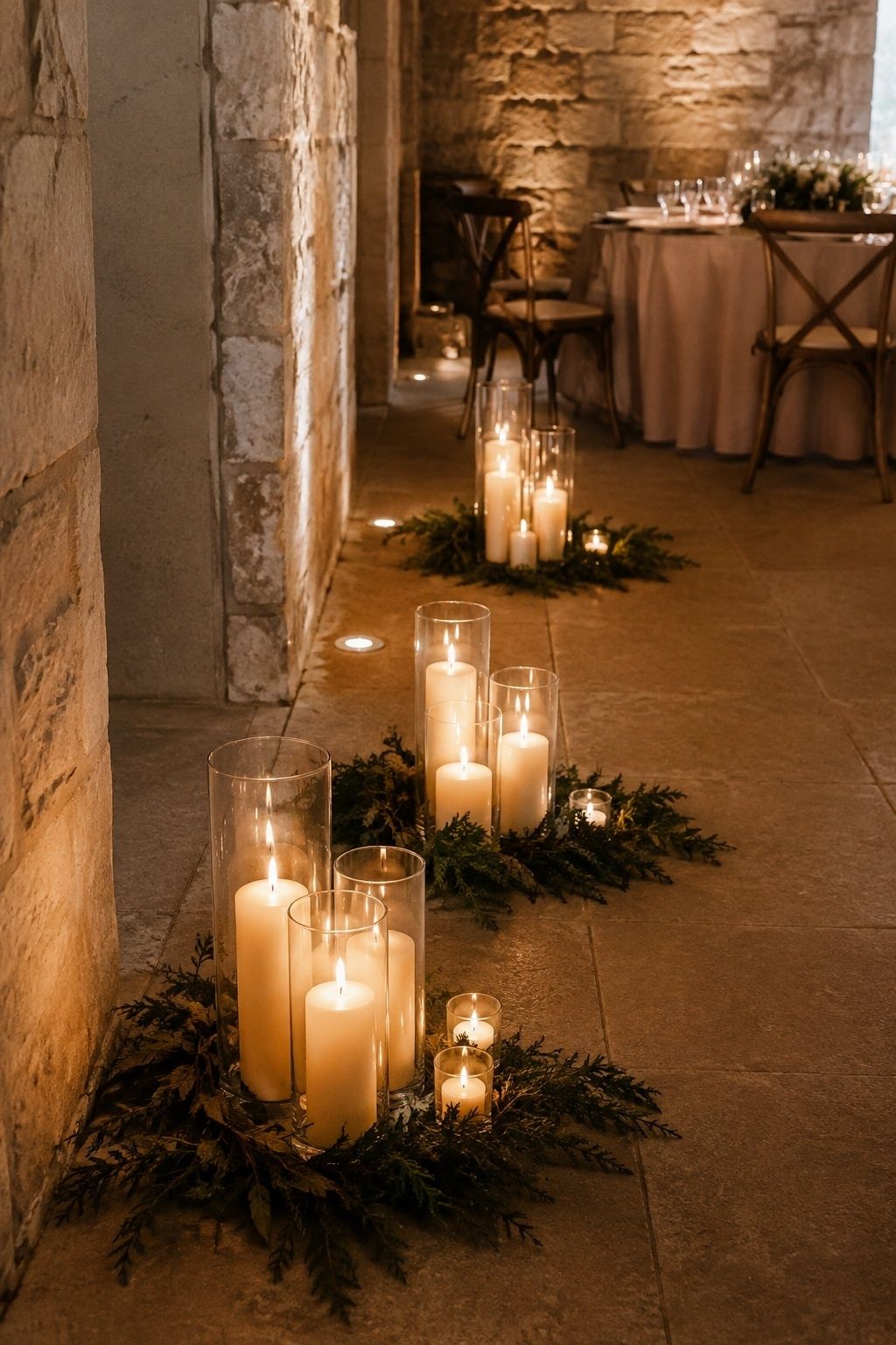 Repeated clusters of candles on a winter table