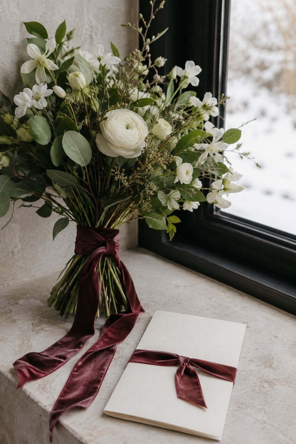 Velvet ribbon on bouquets and menus