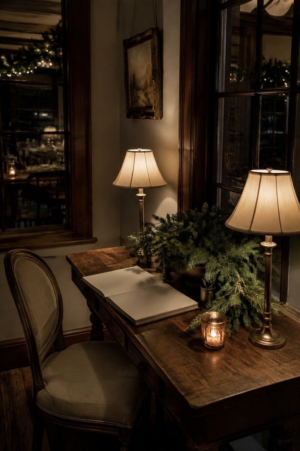 Warm lamps in dim reception corners