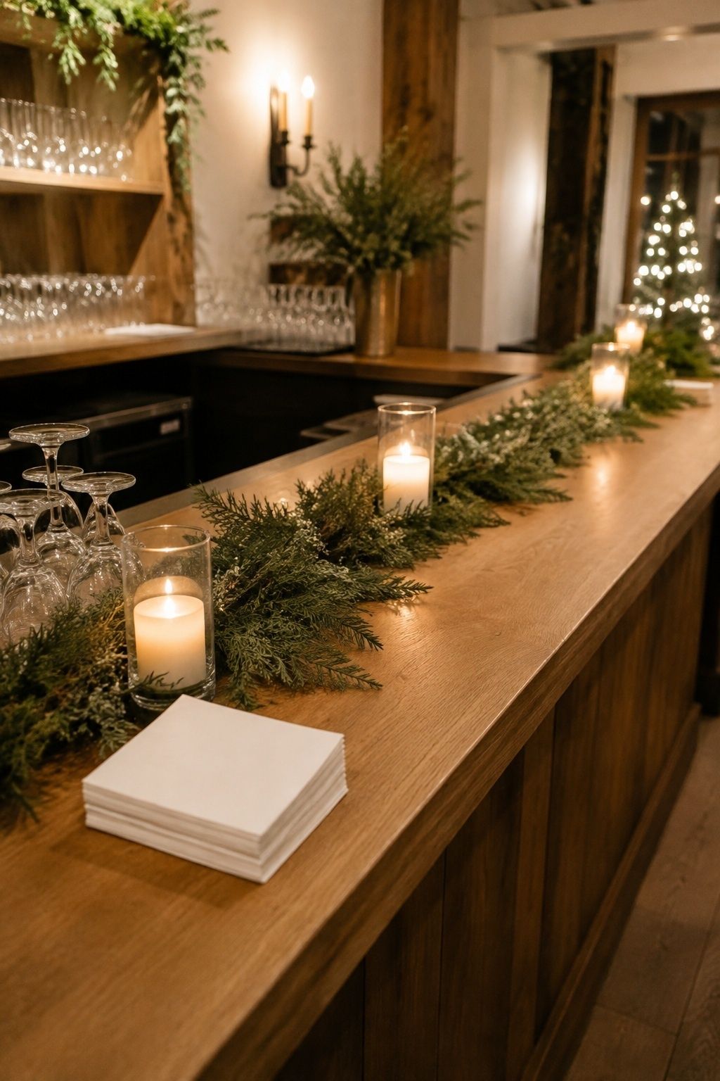 Bar styled with greenery and candlelight