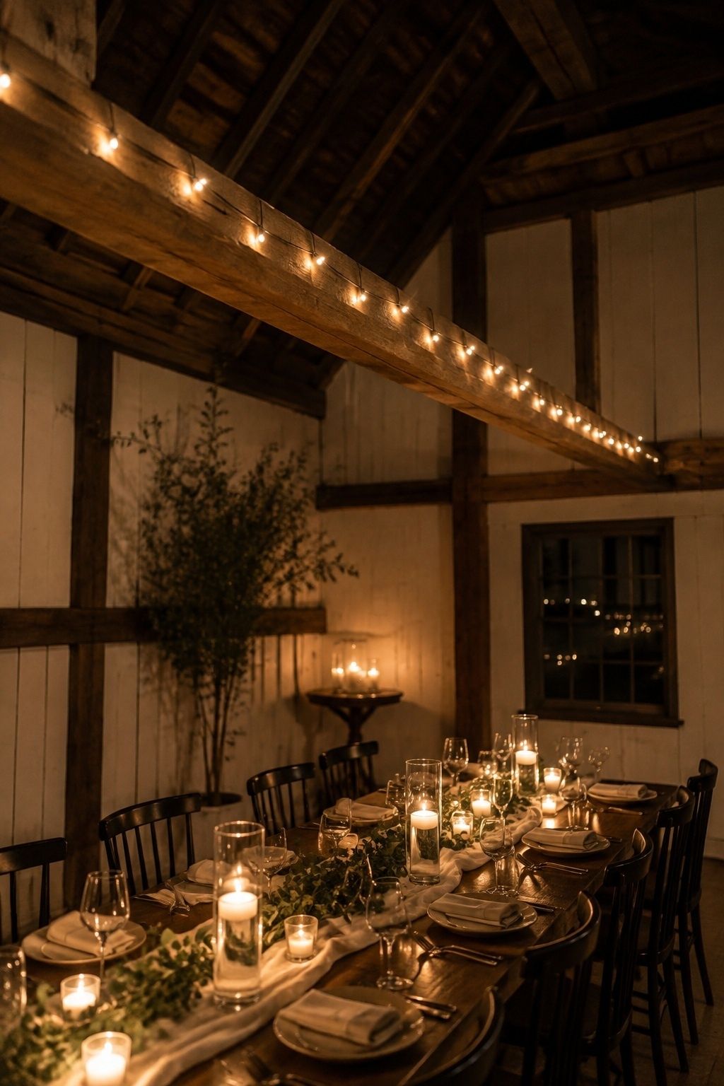 Warm white string lights used sparingly