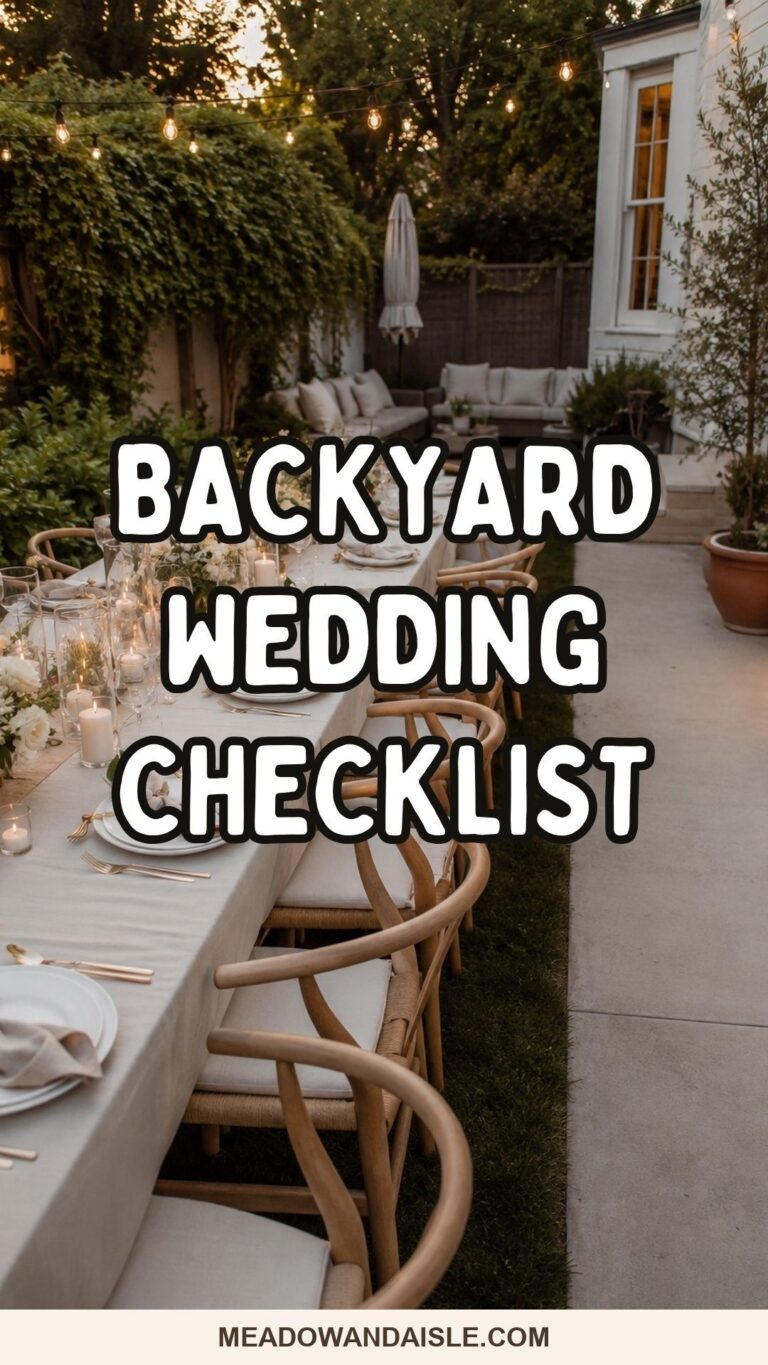 Backyard wedding checklist Pinterest pin with an intimate backyard dinner background