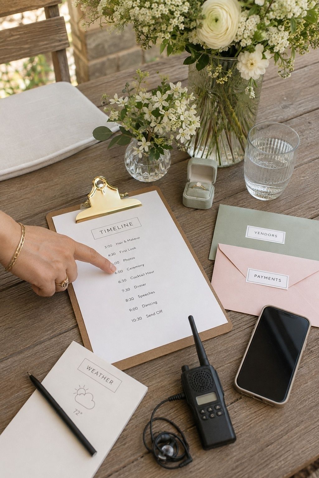 Day-of coordinator keeping a backyard wedding on track