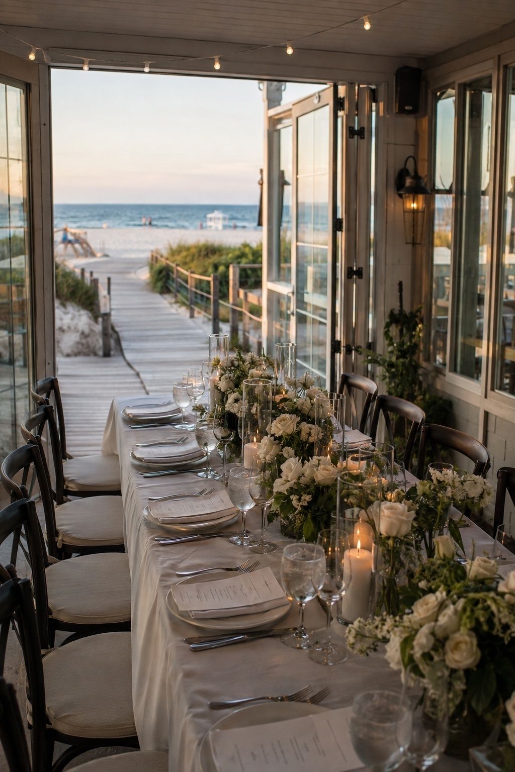 Reception setup planned near a beach ceremony site