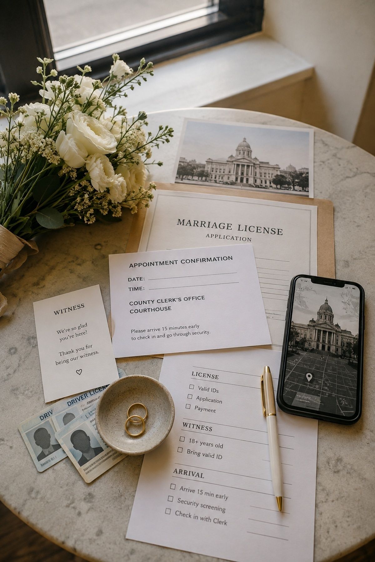 Marriage licence and appointment papers for a courthouse wedding