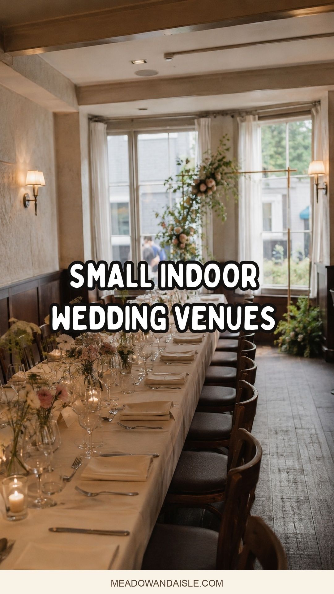 Small indoor wedding venues Pinterest pin showing a long candlelit restaurant table by tall windows