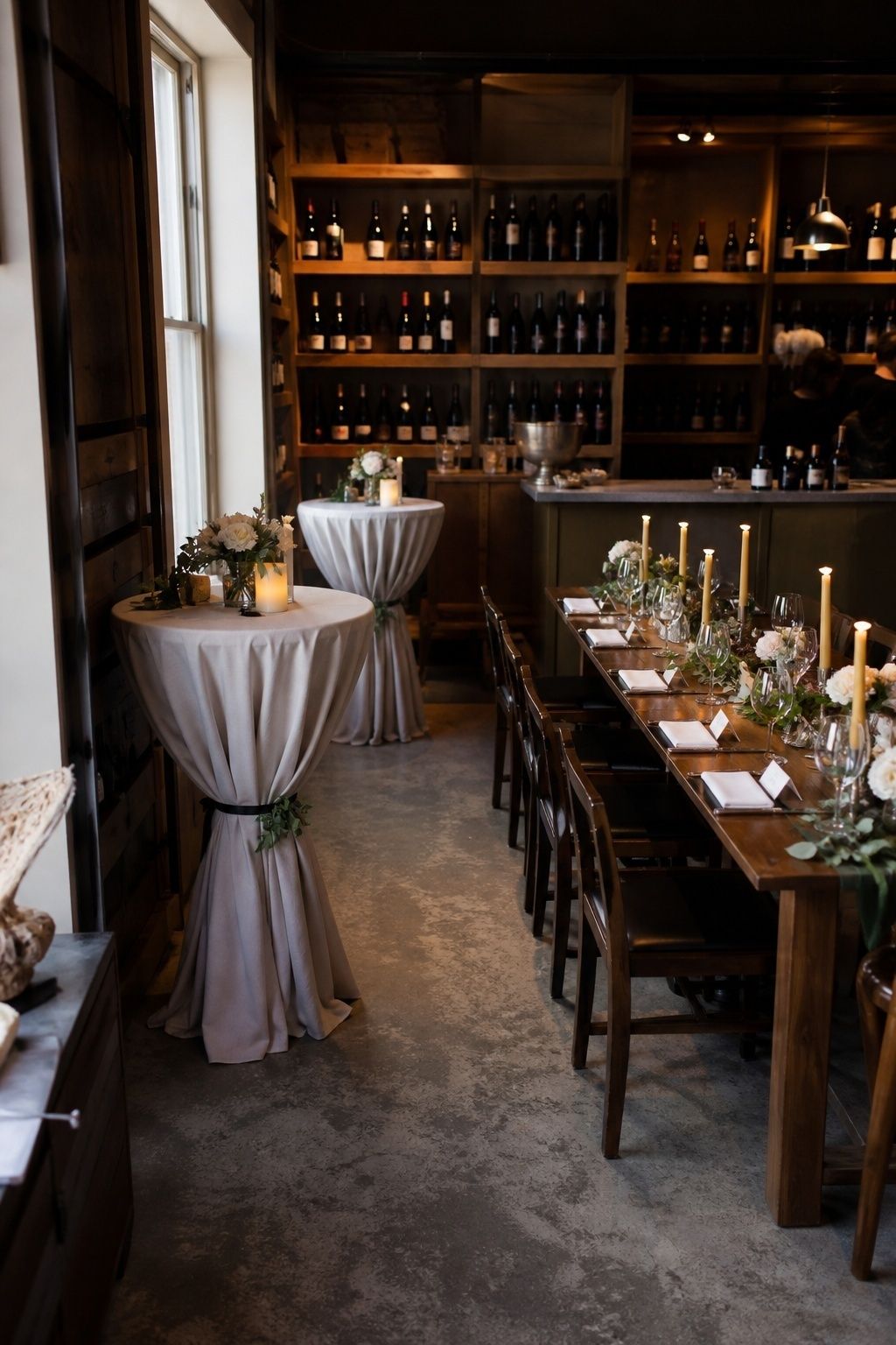 Wine tasting room set for a small wedding with a long wooden table, taper candles, greenery runner, draped cocktail tables and wine shelving